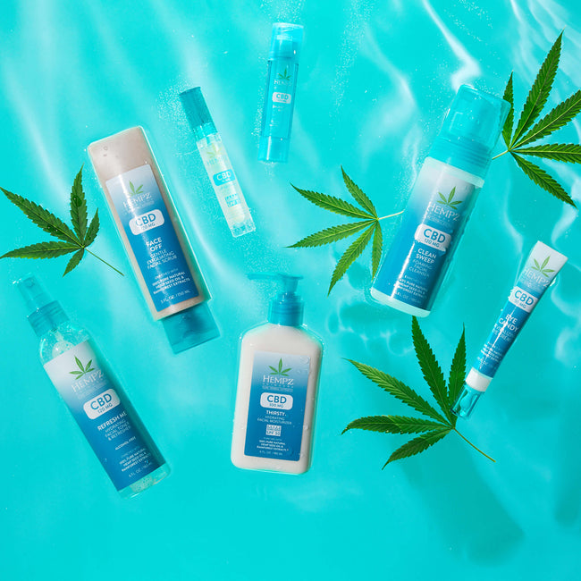 Hempz CBD skincare collection floating in water